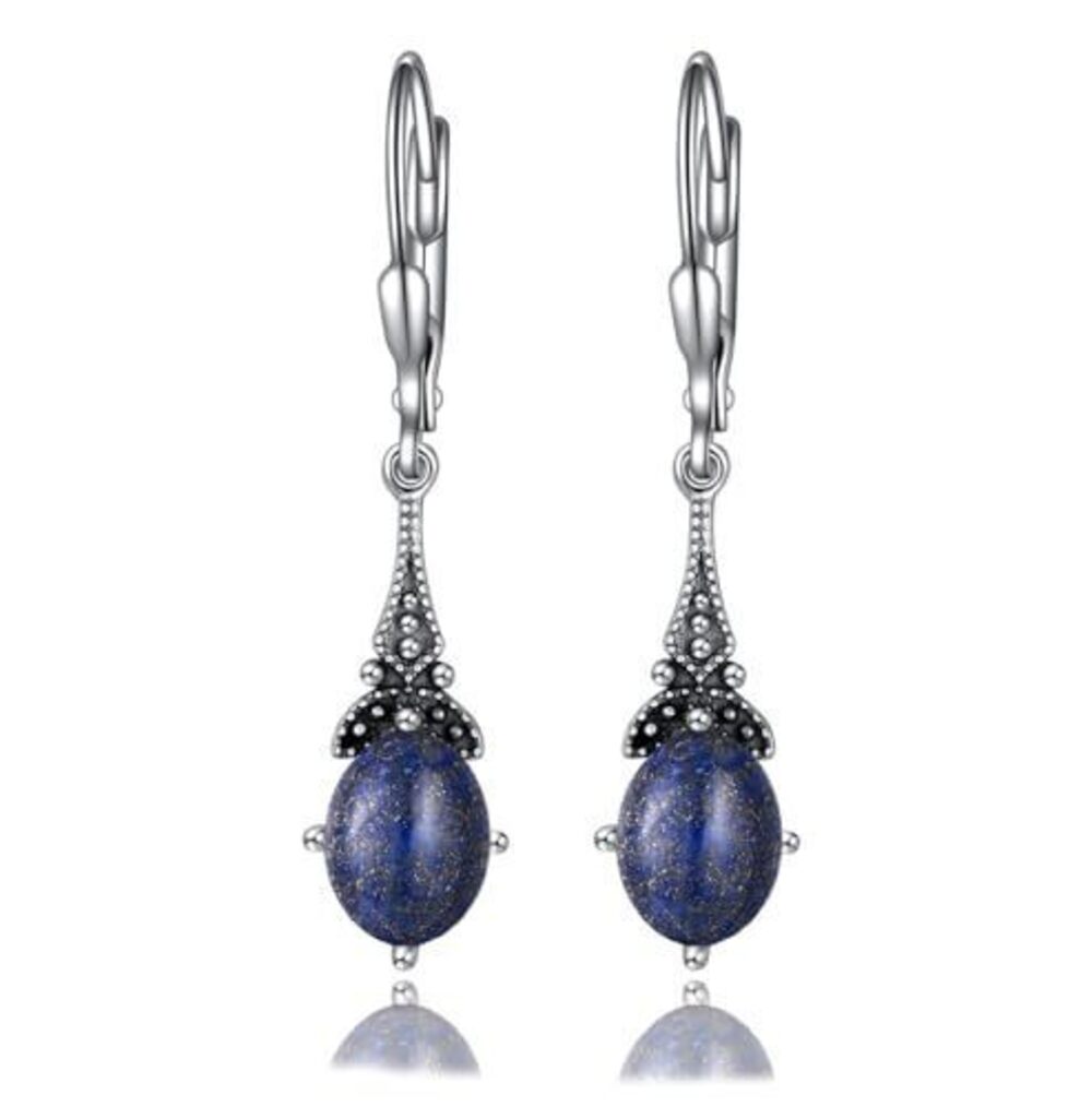 1314 Natural Lapis Lazuli Earrings 925 Sterling Silver Vintage Retro